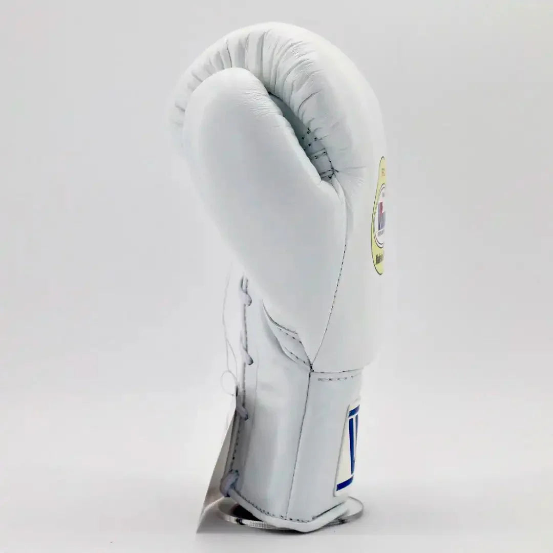 Winning White Lace-Up Boxing Gloves (Japanese Logo) Side View