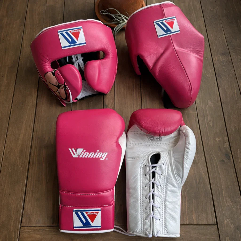 Winning Pink/White Boxing Set Cheek Protector Headgear & Groin Guard