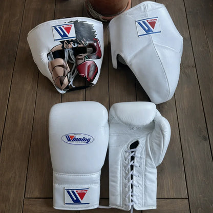 Winning White Boxing Set with printed headgear & Groin guard