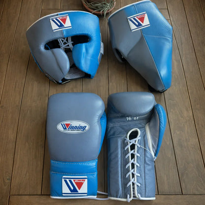 Winning Boxing Gloves Set | Cheek Protector Headguard & Groin Guard | Blue/Grey