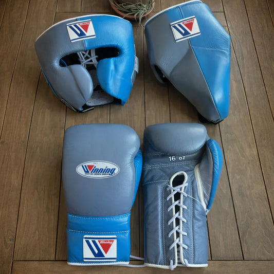 Winning Boxing Gloves Set | Cheek Protector Headguard & Groin Guard | Blue/Grey