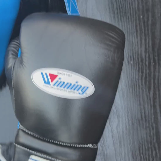 Winning Boxing Gloves Set | Cheek Protector Headguard & Groin Guard | Blue/Black