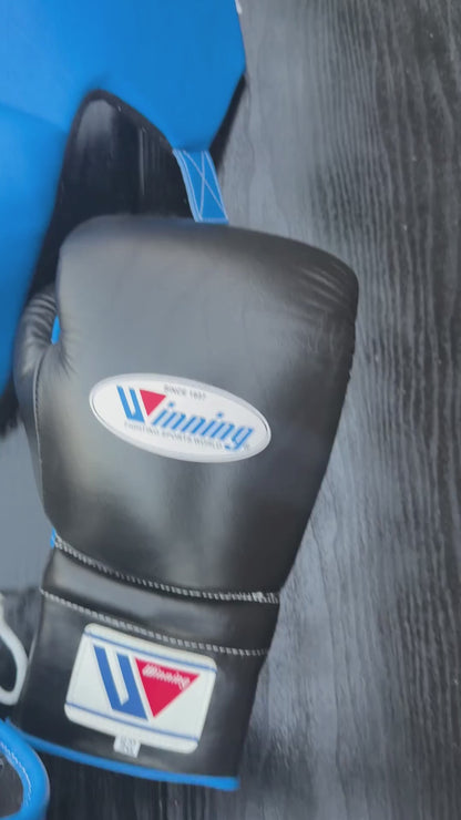 Winning Boxing Gloves Set | Cheek Protector Headguard & Groin Guard | Blue/Black