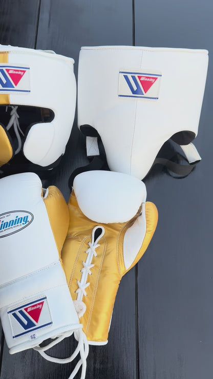 Winning Boxing Gloves Set | Cheek Protector Headguard & Groin Guard | Gold/White