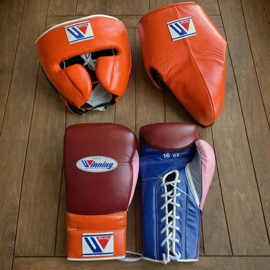 Winning Boxing Gloves Set | Cheek Protector Headguard & Groin Guard | Orange/Maroon/Blue