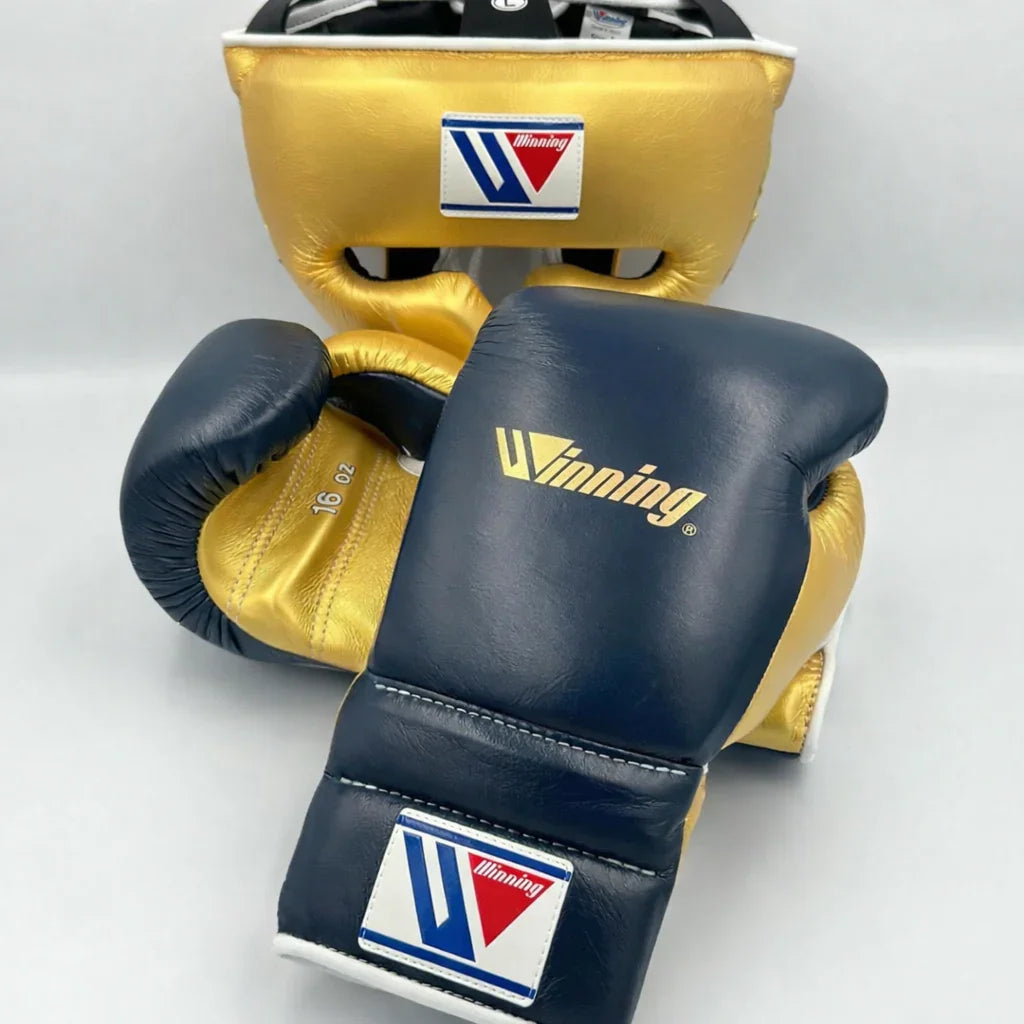 Winning Gold/Blue Complete Boxing Set with Cheek Protector Headgear & Groin Guard