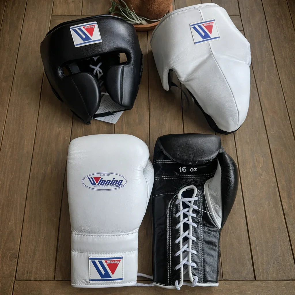 Winning White and Black Boxing Gloves Set with headgear & Groin Guard